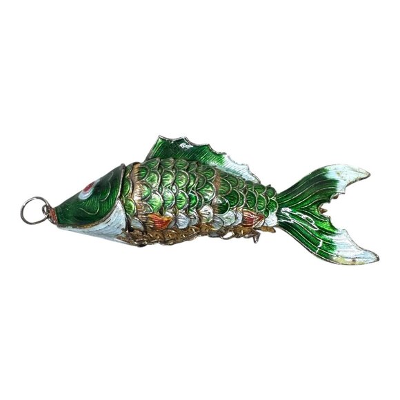 Large 4" Vintage Articulated Cloisonne Enamel Fish Pendant Keychain Green & Gold - Picture 1 of 7